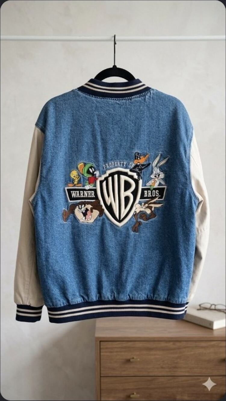 Vintage Warner Bros Jacket Mens Medium Blue Denim Varsity Looney Tunes 90s